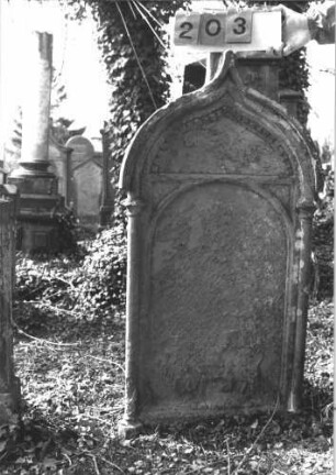 Grabstein 203 (Index: 99786018) Zustand: Vorderseite vollständig abgeblättert Maße HxBxT: 125x66x21 cm: Grabstein 203