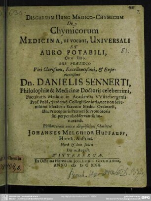 De chymicorum medicina ut vocant universali et auro potabili