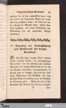VI. Warnung vor Geringschäzung und Versäumniß des heiligen Abendmals.