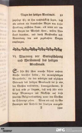 VI. Warnung vor Geringschäzung und Versäumniß des heiligen Abendmals.