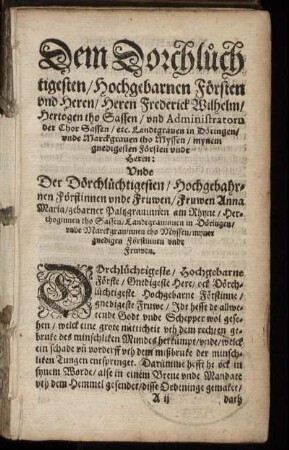 Dem Dorchlüchtigesten, Hochgebarnen Försten [...] Frederick Wilhelm, Hertogen tho Sassen [...]
