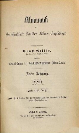 Almanach der Genossenschaft Deutscher Bühnen-Angehöriger : (Gettke's Bühnen-Almanach), 8. 1880