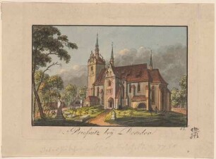Die Kirche in Briesnitz (Dresden-Briesnitz) westlich von Dresden (um 1260, 15. Jh., Turm 1602, vor dem neogot. Umbau durch Möckel 1881/82)