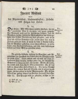Zweiter Abschnit von der Algemeinheit, Nohtwendigkeit, Ursache und Folgen des Todes.