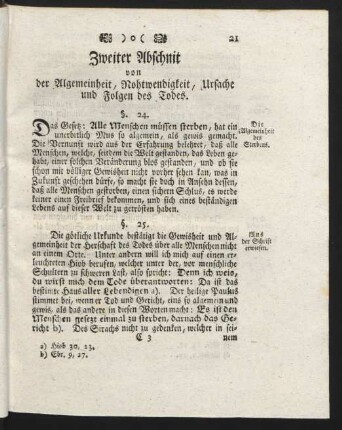 Zweiter Abschnit von der Algemeinheit, Nohtwendigkeit, Ursache und Folgen des Todes.