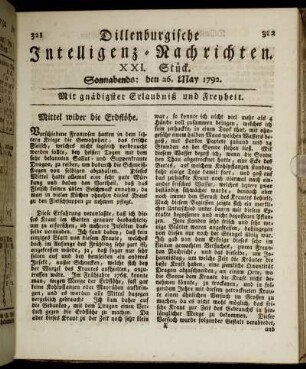 XXI. Stück. Sonnabends: den 26. May 1792.