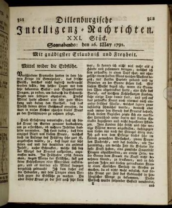 XXI. Stück. Sonnabends: den 26. May 1792.