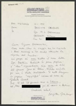Brief an Marie Louise Zarmanian an Garzanti Editore, 12.01.1995