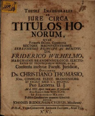 Theses Inaugurales De Iure Circa Titulos Honorum