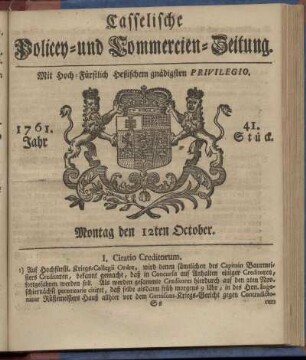 41. Stueck, Montag den 12ten October 1761