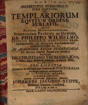 Dissertatio Inauguralis Juris Gentium, De Templariorum Equitum Ordine Sublato