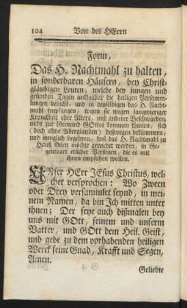 Form, Das H. Nachtmahl zu halten, in sonderbaren Häusern, ...