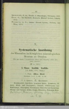 V. Systematische Anordnung der Mineralien im Königlichen mineralogischen Museum zu Dresden