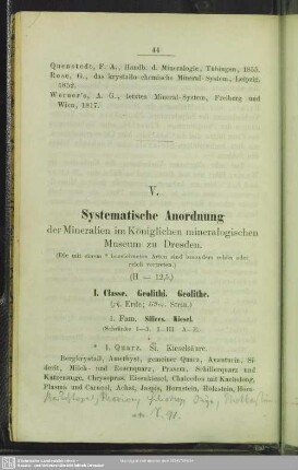V. Systematische Anordnung der Mineralien im Königlichen mineralogischen Museum zu Dresden
