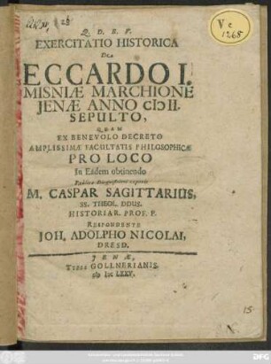Exercitatio Historica De Eccardo I. Misniae Marchione Ienae Anno MII. Sepulto
