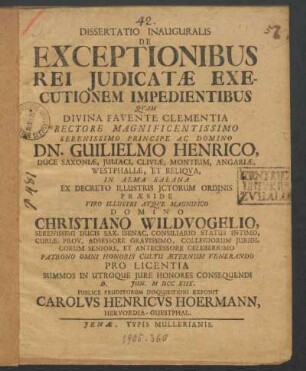 Dissertatio Inauguralis De Exceptionibus Rei Judicatæ Executionem Impedientibus