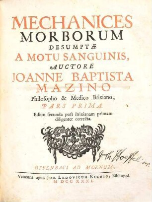 Mechanices Morborum Desumptae A Motu Sanquinis, 1
