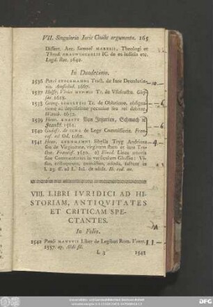 VIII. Libri Iuridici Ad Historiam, Antiquitates Et Criticam Spectantes.