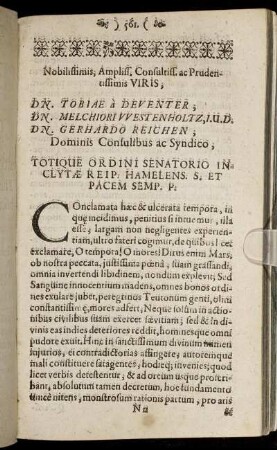 Nobilissimis [...] Dn. Tobiae a Deventer, Dn. Melchiori Westenholtz, Dn. Gerhardo Reichen [...]