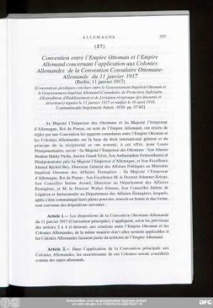 (57) Convention entre l'Empire Ottoman et l'Empire Allemand concernant l'application aux Colonies Allemandes de la Convention Consulaire Ottomane-Allemande du 11 janvier 1917 (Berlin, 11 janvier 1917)