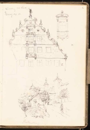 Skizzenbuch 1901: Giebelhaus Burgstraße 11 in Nürnberg, Ansicht, Rothenburg/Tauber, perspektivische Ansicht