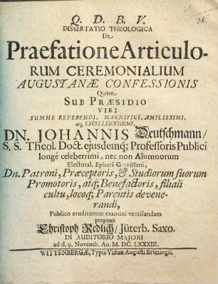 Dissertatio Theologica De Praefatione Articulorum Ceremonialium Augustanae Confessionis