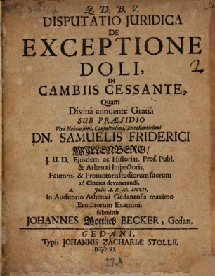 Disp. ... de exceptione doli, in cambiis cessante