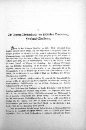V. Die Bureau-Dienstgebäude der städtischen Verwaltung; Fernsprech-Einrichtung