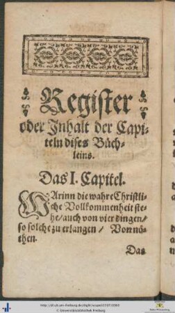 Register oder Inhalt der Capiteln dises Büchleins