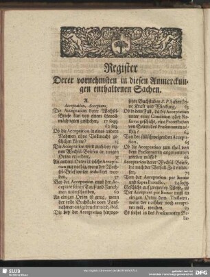 Register Derer vornehmsten in diesen Anmerckungen enthaltenen Sachen