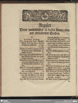 Register Derer vornehmsten in diesen Anmerckungen enthaltenen Sachen