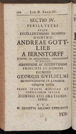 Sectio IV. Perillustri atque excellentissimo Domino Domino Andreae Gottlieb a Bernstorff[...]
