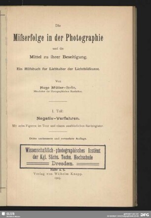 1: Negativ-Verfahren : mit 10 Figuren im Text und einem ausführlichen Sachregister