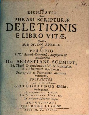 Disputatio De Phrasi Scripturae, Deletionis E Libro Vitae
