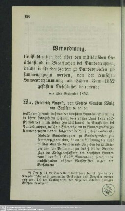 Verordnung, die Publication des über den militärischen Gerichtsstand in Strafsachen bei Bundestruppen, welche in Friedenszeiten zu Bundeszwecken zusammengezogen werden, von der deutschen Bundesversammlung am 24sten Juni 1852 gefaßten Beschlusses betreffend: vom 4ten September 1852