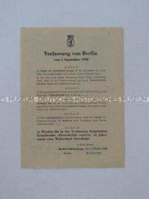 Propagandaflugblatt aus Berlin (West) für die Volksbefragung gegen die Remilitarisierung mit Bezugauf die "Verfassung von Berlin" aus dem Jahr 1950