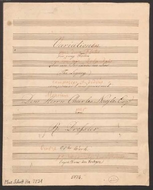 Variations, fl (2), C-Dur - BSB Mus.Schott.Ha 2231 : [title page, fl 1:] Variationen [corrected with red chalk in: Variations] // für zwey Flöten [corrected with red chalk in: pour deux Flutes] // über ein Irländisches Lied [corrected with red chalk in: sur une Air Irlandais]| (The Legacy) // componiert und gewidmet [corrected with red chalk in: composees et dediées] // Dem Herrn [corrected with red chalk in: Monsieur] Charles Nagle Esg|r|. // von [corrected with red chalk in: par] // R: Dressler // 61|t|e|s| Werk. [corrected with red chalk in: oeuvre]