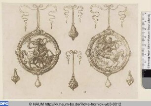 Zwei Medaillons mit Darstellungen des Hl. Georg und Marcus Curtius und vier Anhänger