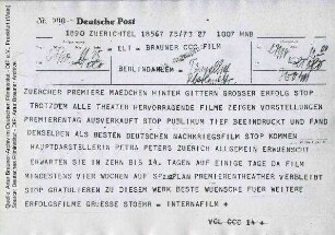Telegramm von Internafilm an CCC, 25.10.1949 (Reproduktion)