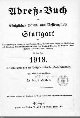 1918: Stuttgarter Adressbücher, 1918