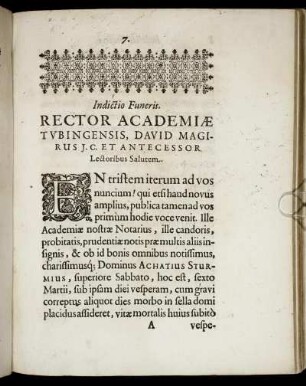 Indictio Funeris. Rector Academiæ Tubingensis, [...]