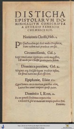 Disticha Epistolarum Dominicalium Conscripta A Georgio Fabricio Chemnicense