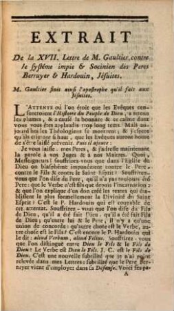 Extrait de la 17 lettre de M. Gaultier contre le systeme impie et Socinien des Pères Berryer et Hardouin Jésuites
