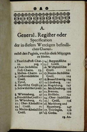 A. General-Register oder Specification der in diesem Werckgen befindlichen Charten [...]
