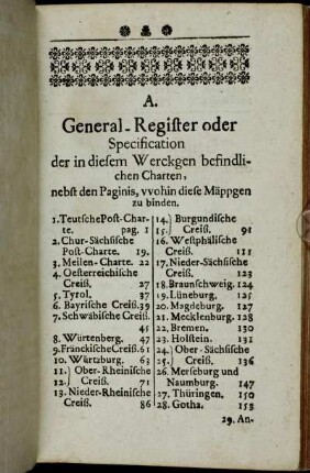 A. General-Register oder Specification der in diesem Werckgen befindlichen Charten [...]