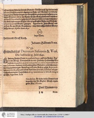 No. 39. Erwiedertes Decretum Sessionis & Voti. Die Sabbathi 13. Julii 1641.