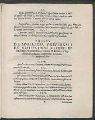 Theses De Apoplexia Universali Ex Obstructione Cerebri Et ex solutione continui, de quibus M. Iohannes Sigfridus Physicae & anatomiae Professor respndebit.