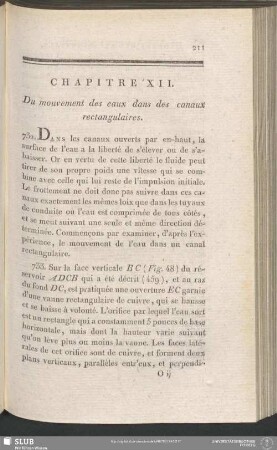 Chapitre XII. Du mouvement des eaux dans des canaux rectangulaires
