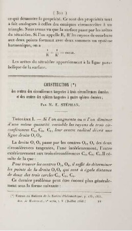 Construction des centres des circonférences tangentes à trois circonferences données et des centres des sphères tangentes à quatre sphèrcs données.