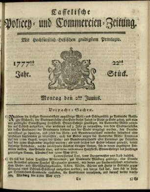 22tes Stueck, Montag den 2ten Junius 1777